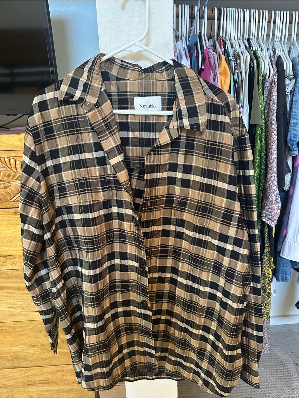 Nanushka Black and Brown Plaid Button-Down Shirt